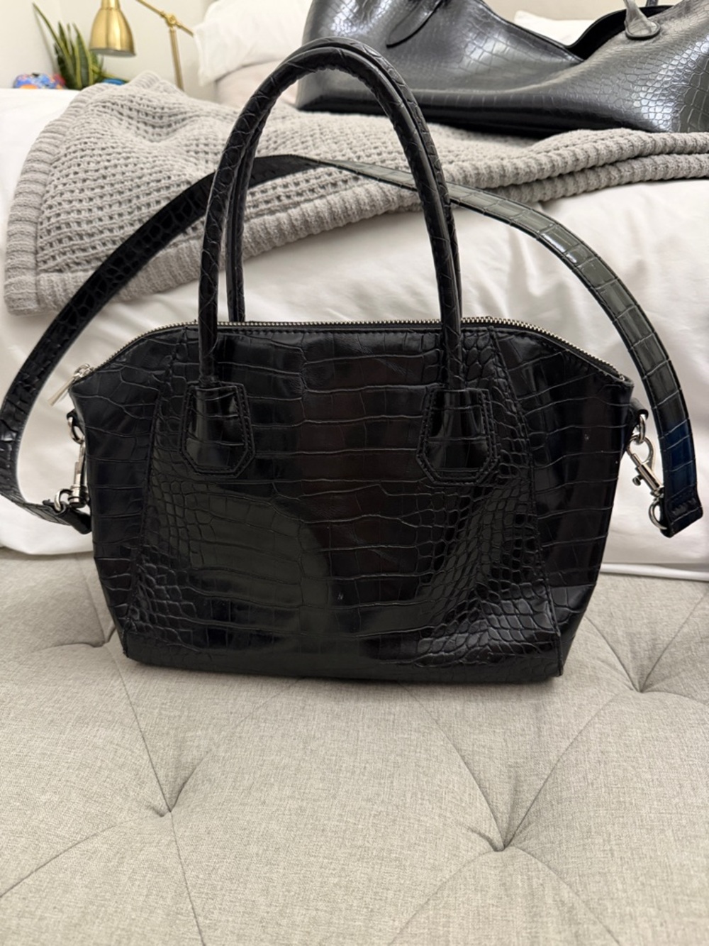 Black Croc-Embossed Tote Bag with Removable Strap